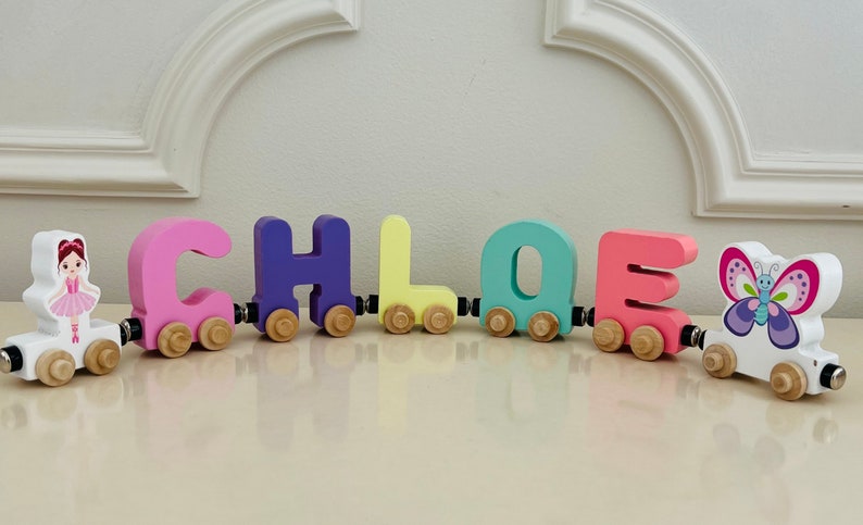 Build your own Train with a Pink Ballerina. Personalized Wooden Magnetic Alphabet Letters. Kids Educational Toy and Room Decoration.