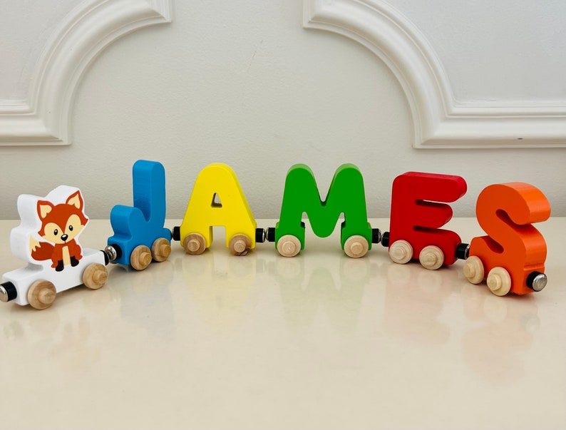 Build your own Train with a Baby Fox Woodland Animal. Personalized Wooden Magnetic Alphabet Letters. Kids Educational Toy. Name puzzle.