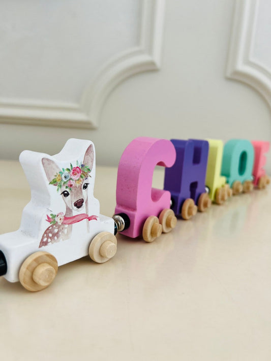 Build your own Train with a Boho Deer flower Head Band. Personalized Wooden Magnetic Alphabet Letters. Kids Educational Toy. Name puzzle.