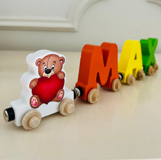 Build your own Train with Teddy Bear and Heart. Personalized Wooden Magnetic Alphabet Letters. Kids Educational Toy. Name puzzle.