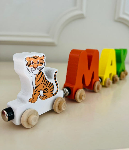 Build your own Train with Tiger jungle animal. Personalized Wooden Magnetic Alphabet Letters. Kids Educational Toy. Name puzzle.