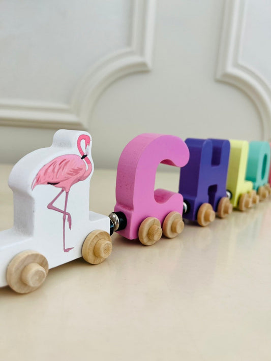 Build your own Train Pink Flamingo. Personalized Wooden Magnetic Alphabet Letters. Kids Educational Toy. Name puzzle.