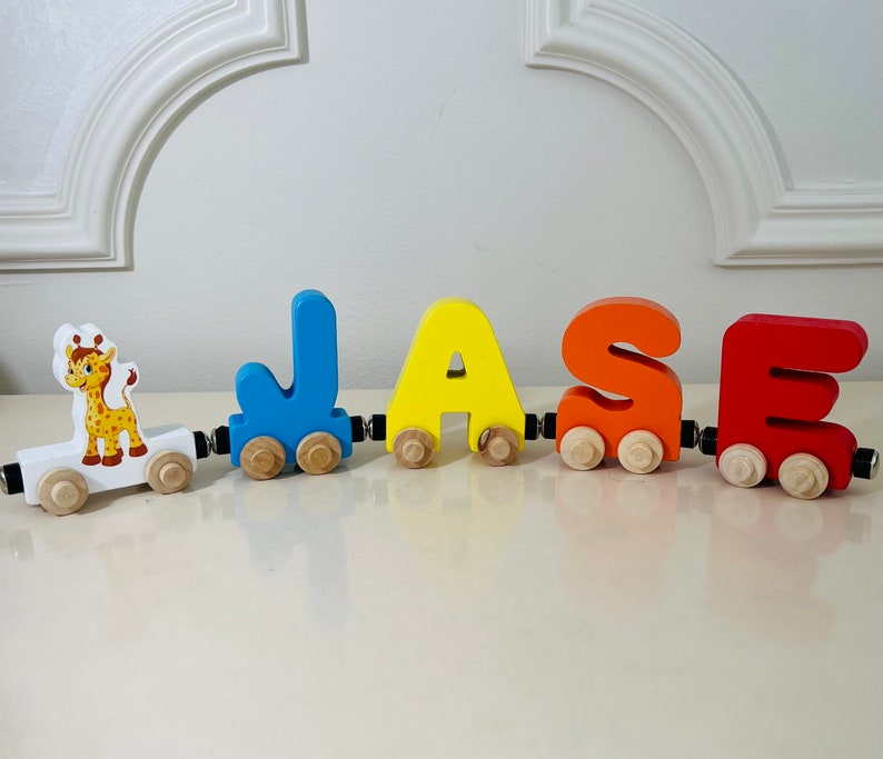 Build your own Train with a giraffe Jungle Animal. Personalized Wooden Magnetic Alphabet Letters. Kids educational Toy. Name puzzle.