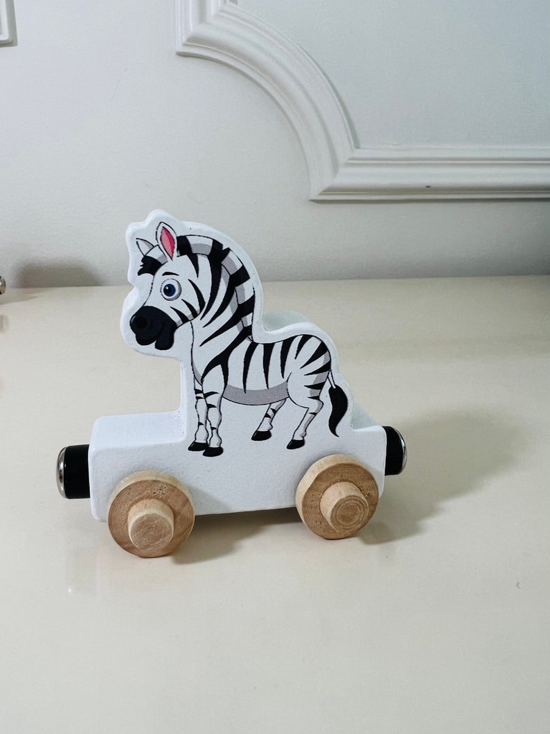 Build your own Train with a Zebra Jungle Animal. Personalized Wooden Magnetic Alphabet Letters. Kids educational Toy. Name puzzle.