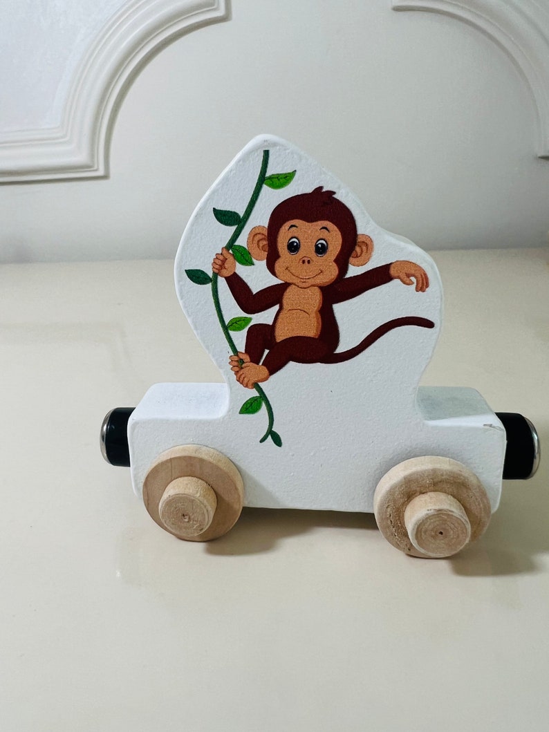 Build your own Train with a Monkey hanging from vine Jungle Animal. Personalized Wooden Magnetic Alphabet Letters. Kids Toy. Name puzzle.