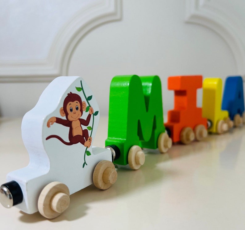 Build your own Train with a Monkey hanging from vine Jungle Animal. Personalized Wooden Magnetic Alphabet Letters. Kids Toy. Name puzzle.