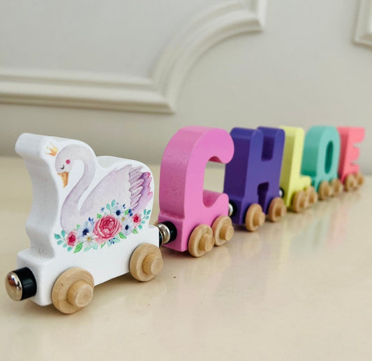 Build your own Train with a Swan in flowers. Personalized Wooden Magnetic Alphabet Letters. Kids educational Toy. Name puzzle.