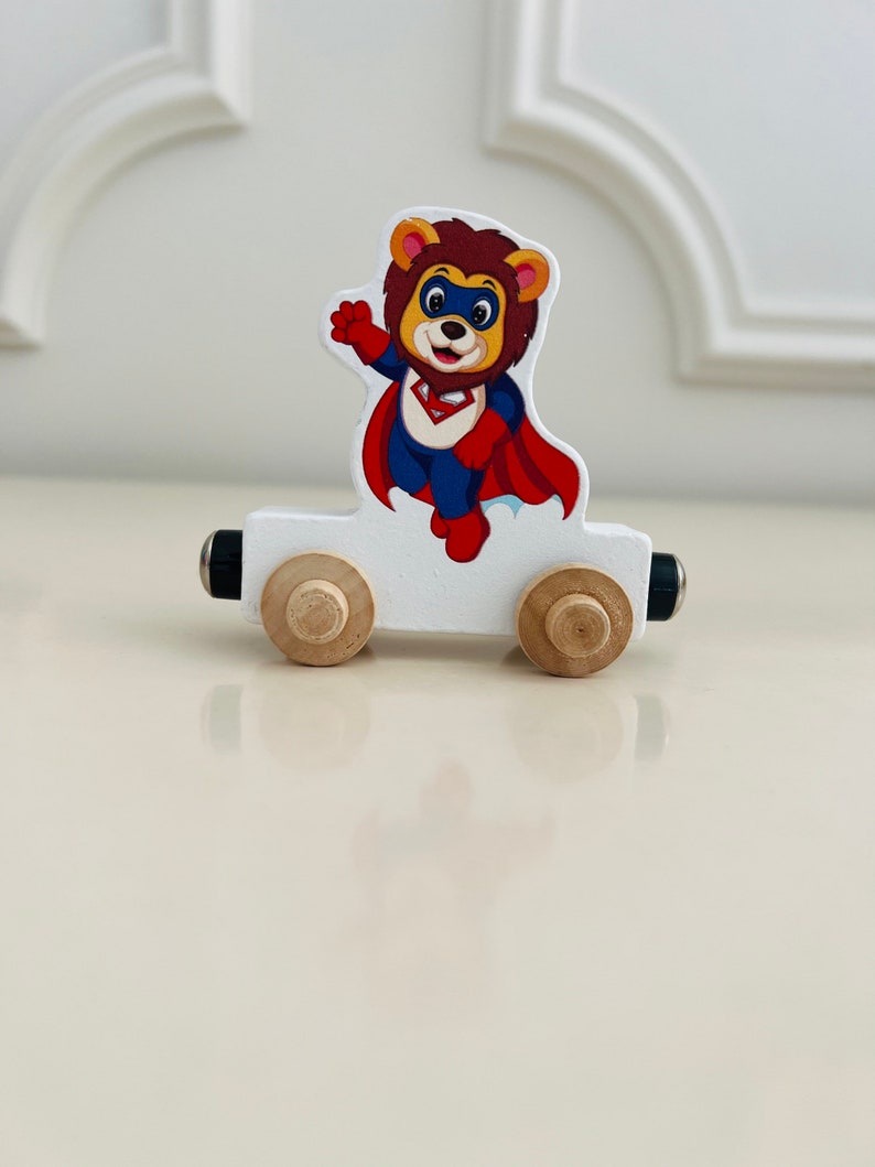 Build your own Train with a Superhero Lion. Personalized Wooden Magnetic Alphabet Letters. Kids educational Toy. Name puzzle.