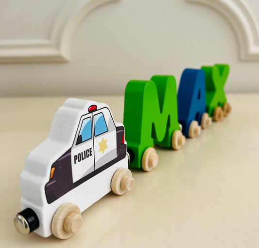 Build your own Train with a Police car. Personalized Wooden Magnetic Alphabet Letters. Kids Educational Toy and Room Decoration.