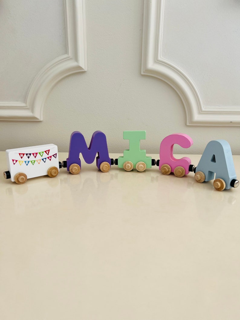 Build your own Train with a Birthday Banner. Personalized Wooden Magnetic Alphabet Letters. Kids Toy and Room Display. Name puzzle.