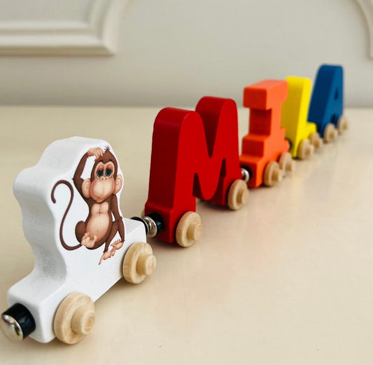 Build your own Train with a Baby Monkey. Personalized Wooden Magnetic Alphabet Letters. Kids Toy and Room Display. Name puzzle.