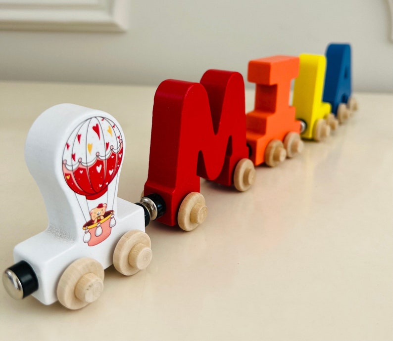 Build your own Train with a Hot Air Balloon. Personalized Wooden Magnetic Alphabet Letters. Kids Toy and Room Display. Name puzzle.