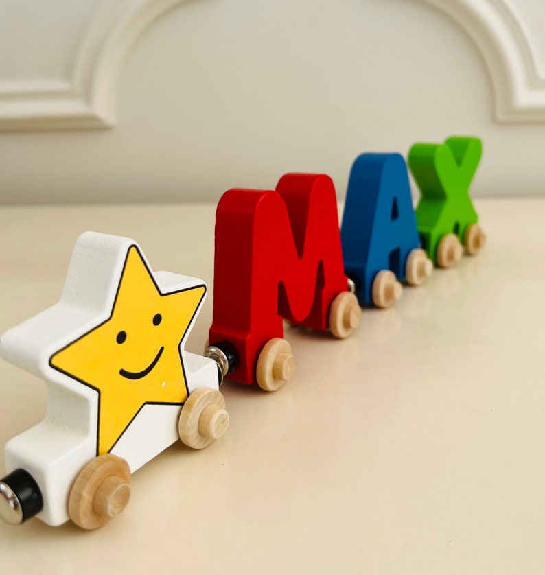 Build your own Train with a Super Star. Personalized Wooden Magnetic Alphabet Letters. Kids Toy and Room Decoration. Name puzzle.