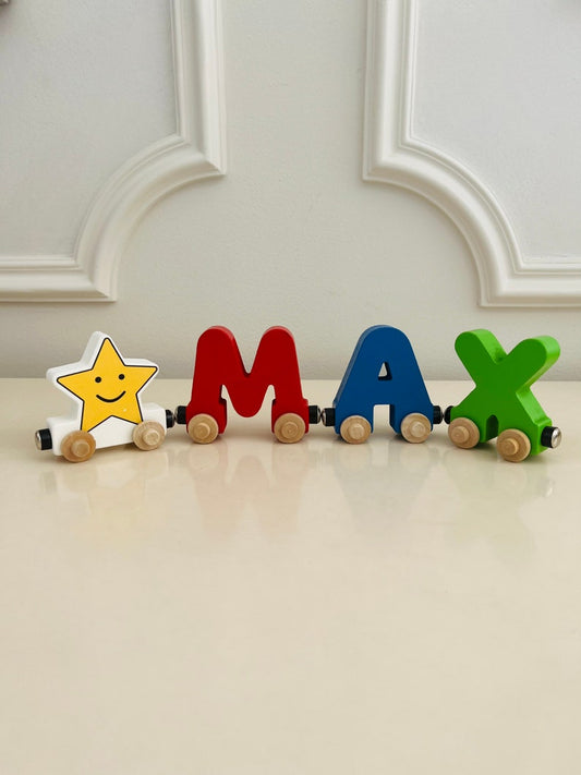 Build your own Train with a Super Star. Personalized Wooden Magnetic Alphabet Letters. Kids Toy and Room Decoration. Name puzzle.