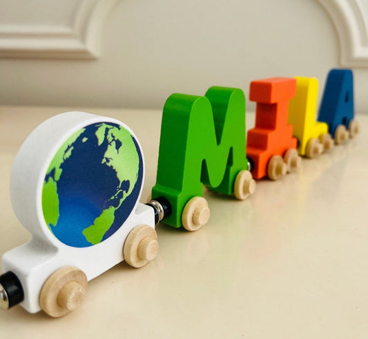 Build your own Train with Planet Earth. Personalized Wooden Magnetic Alphabet Letters. Kids Toy and Room Decoration. Name puzzle.
