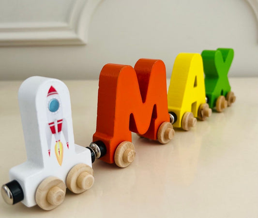 Build your own Train with A Rocket Spaceship. Personalized Wooden Magnetic Alphabet Letters. Kids Toy and Room Decoration. Name puzzle.