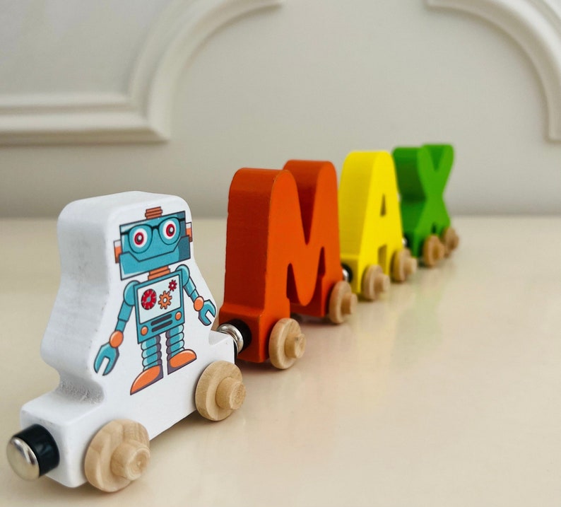 Build your own Train with a Blue and Orange Robot. Personalized Wooden Magnetic Alphabet Letters. Kids Toy and Room Decoration. Name puzzle.