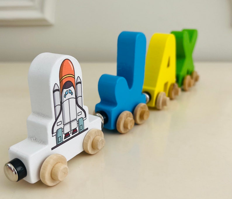 Build your own Train with a Spaceship Rocket. Personalized Wooden Magnetic Alphabet Letters. Kids Toy and Room Decoration. Name puzzle.
