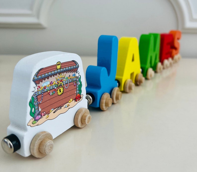 Build your own Train with a Pirates Treasure Chest. Personalized Wooden Magnetic Alphabet Letters. Kids educational Toy. Name puzzle.