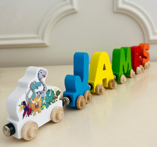 Build your own Train with a Dinosaur theme. Personalized Wooden Magnetic Alphabet Letters. Kids Toy and Room display. Name puzzle.