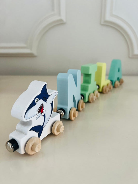 Build your own Train with a Shark Ocean theme. Personalized Wooden Magnetic Alphabet Letters. Kids Educational Toy. Name puzzle.
