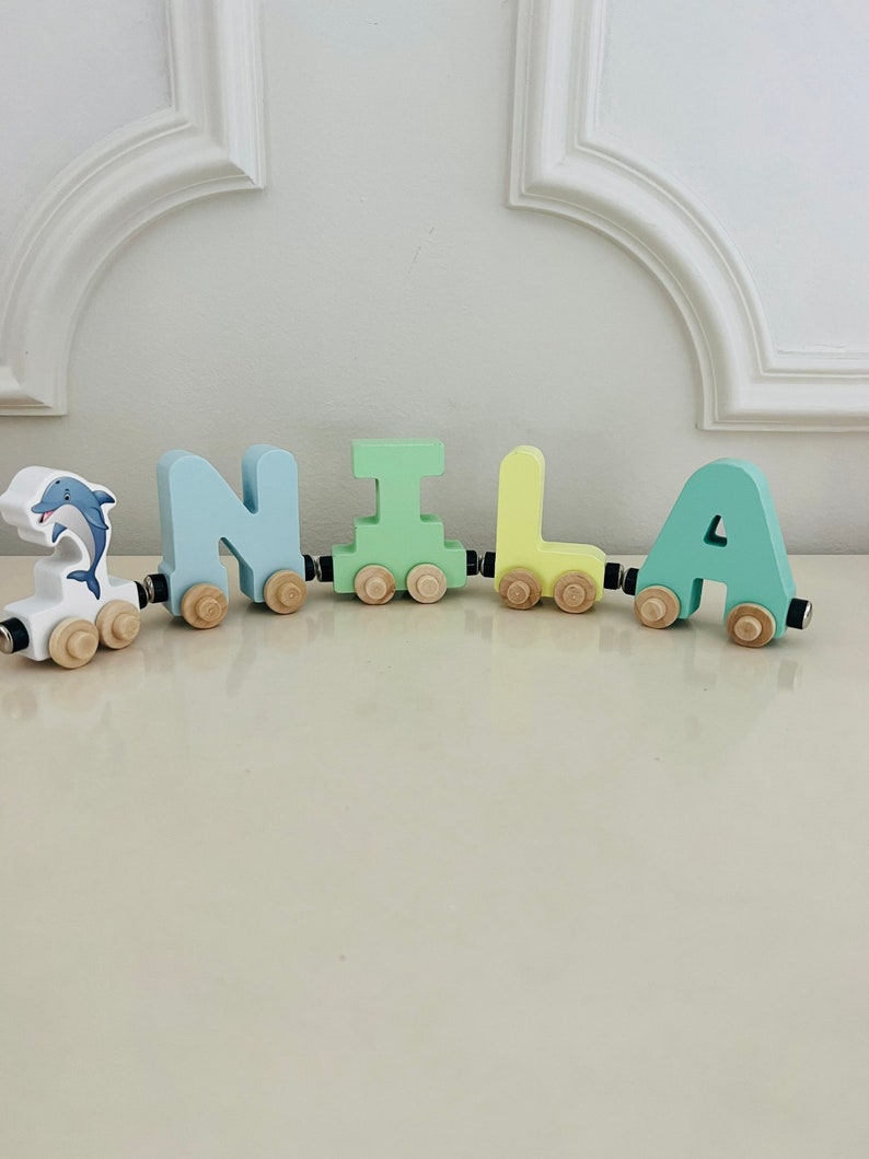 Build your own Train with a Dolphin Ocean theme. Personalized Wooden Magnetic Alphabet Letters. Kids Educational Toy. Name puzzle.