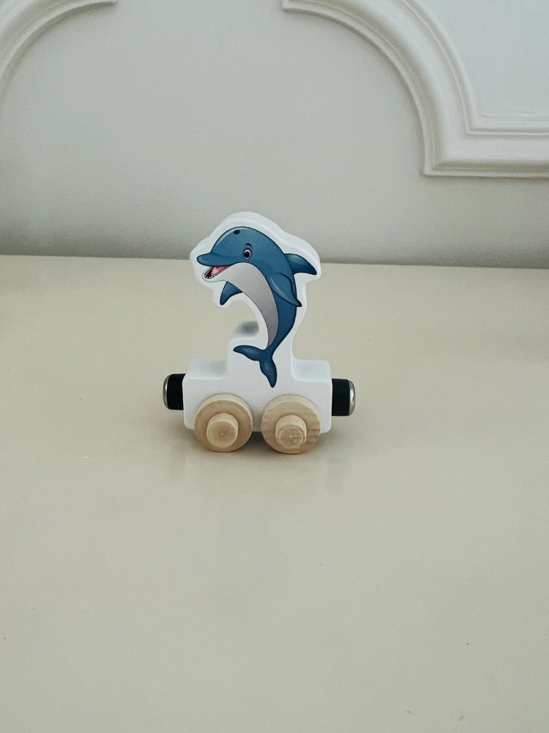 Build your own Train with a Dolphin Ocean theme. Personalized Wooden Magnetic Alphabet Letters. Kids Educational Toy. Name puzzle.