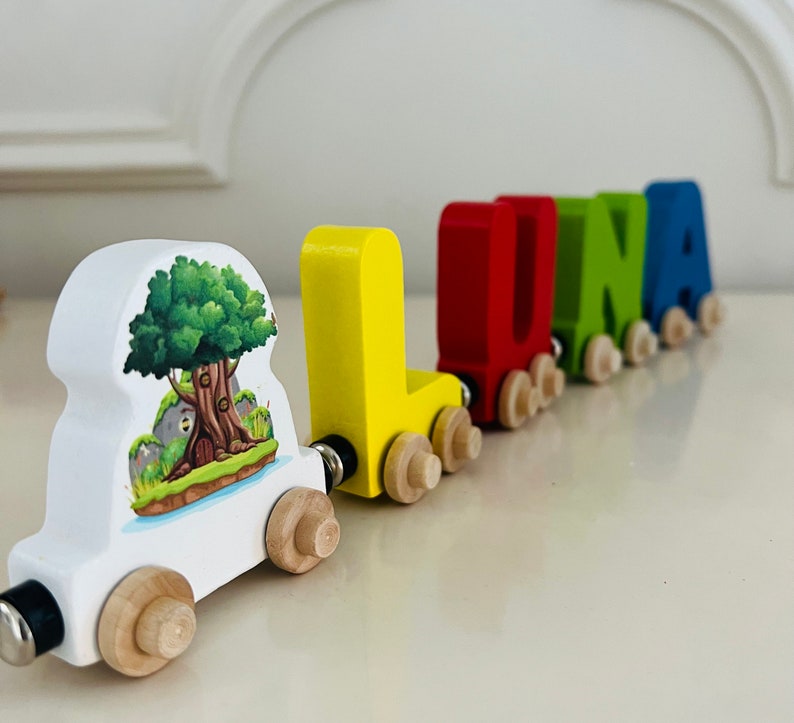 Build your own Train with a Storybook Tree. Personalized Wooden Magnetic Alphabet Letters. Kids Educational Toy. Name puzzle.