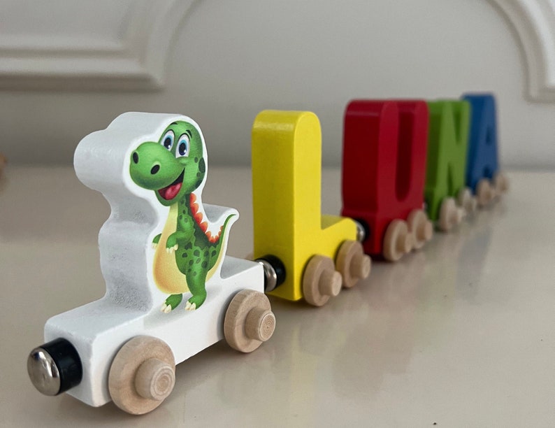 Build your own Train with a Green Baby Dragon. Personalized Wooden Magnetic Alphabet Letters. Kids Educational Toy. Name puzzle.