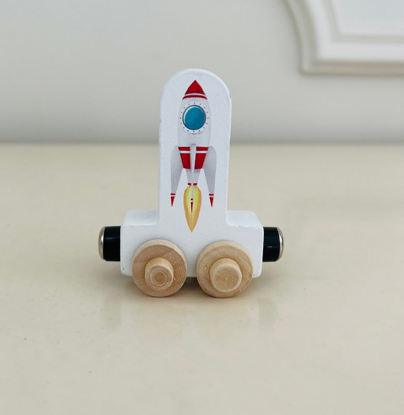 Build your own Train with a Rocket ship. Personalized Wooden Magnetic Alphabet Letters. Kids educational Toy. Name puzzle.