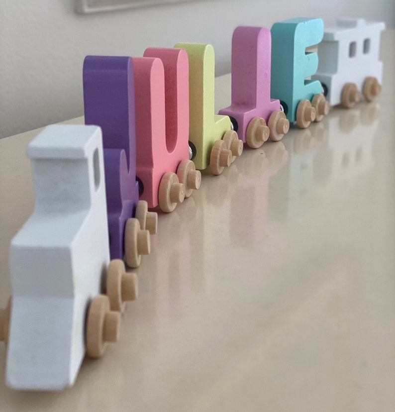 Build your own Train in Pastels. Personalized Wooden Magnetic Alphabet Letters. Engine and Wagon Included. Name puzzle. Educational Toy.
