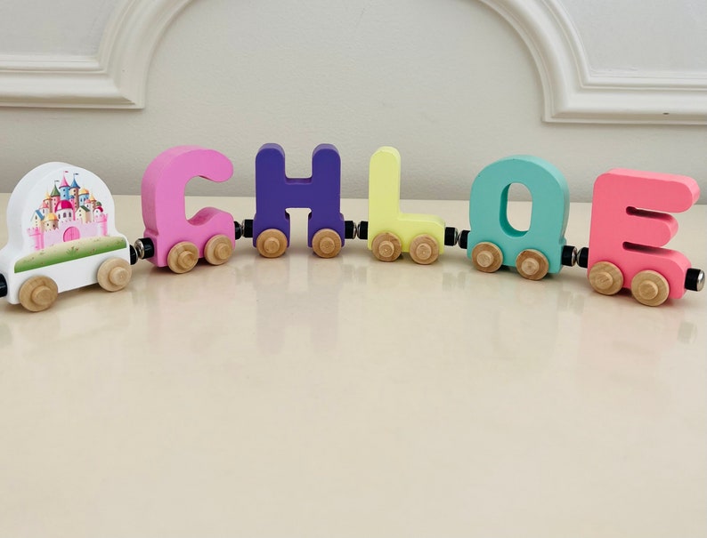 Build your own Train with a Magical Castle. Personalized Wooden Magnetic Alphabet Letters. Kids Educational Toy. Name puzzle.
