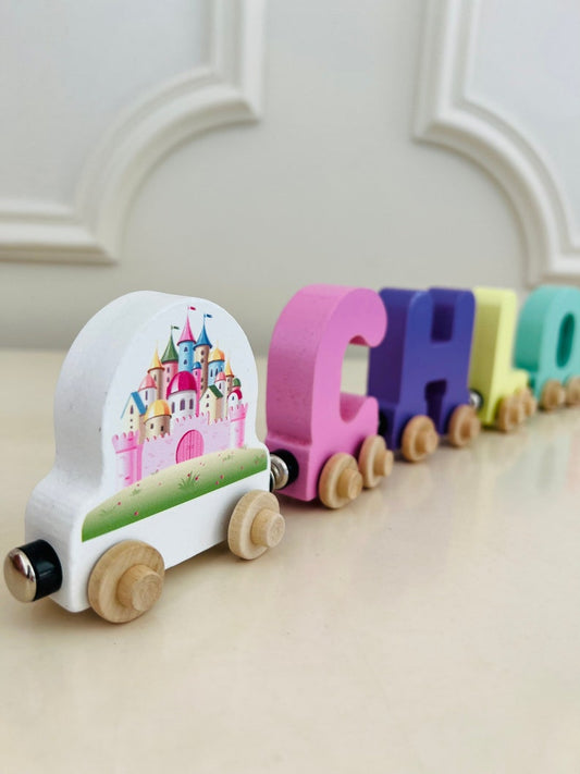 Build your own Train with a Magical Castle. Personalized Wooden Magnetic Alphabet Letters. Kids Educational Toy. Name puzzle.
