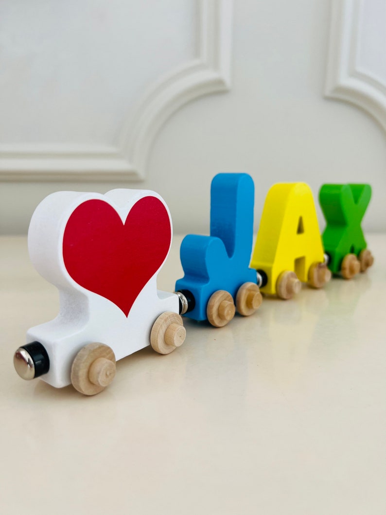 Build your own Train with a Heart attachment. Personalized Wooden Magnetic Alphabet Letters. Kids Educational Toy. Name puzzle.