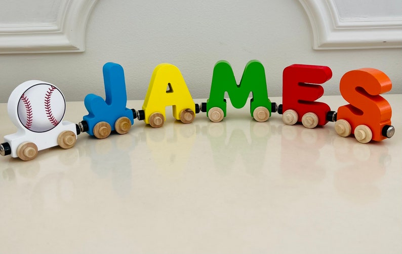 Build your own Train with a Baseball attachment. Personalized Wooden Magnetic Alphabet Letters. Kids Educational Toy. Name puzzle.