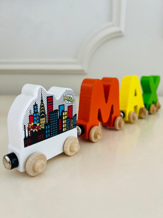 Build your own Train with Superhero comic city attachment. Personalized Wooden Magnetic Alphabet Letters. Kids Educational Toy. Name puzzle.