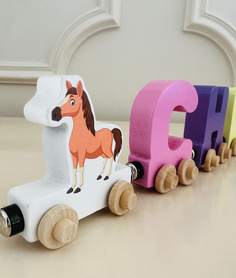 Build your own Train with a Pony. Personalized Wooden Magnetic Alphabet Letters. Kids Educational Toy. Name puzzle.