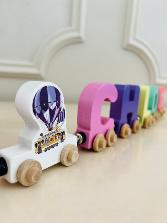 Build your own Train with an Animal Trolly Purple Hot Air Balloon. Personalized Wooden Magnetic Alphabet Letters. Kids Toy. Name puzzle.