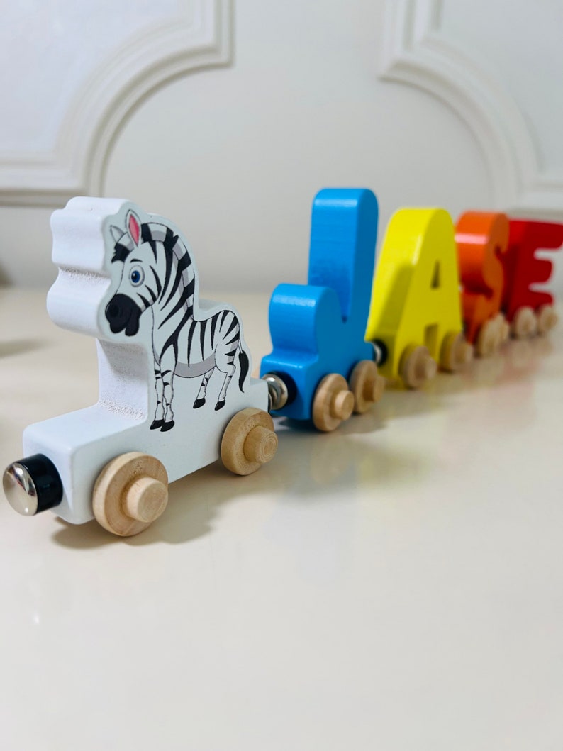 Build your own Train with a Zebra Jungle Animal. Personalized Wooden Magnetic Alphabet Letters. Kids educational Toy. Name puzzle.