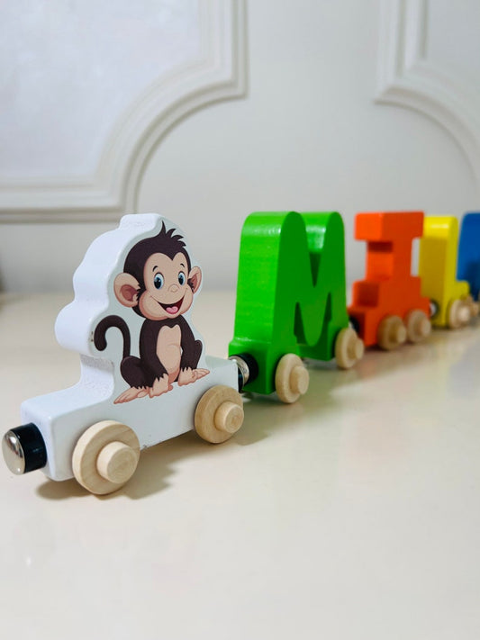 Build your own Train with a baby Monkey Jungle Animal. Personalized Wooden Magnetic Alphabet Letters. Kids Toy. Name puzzle.