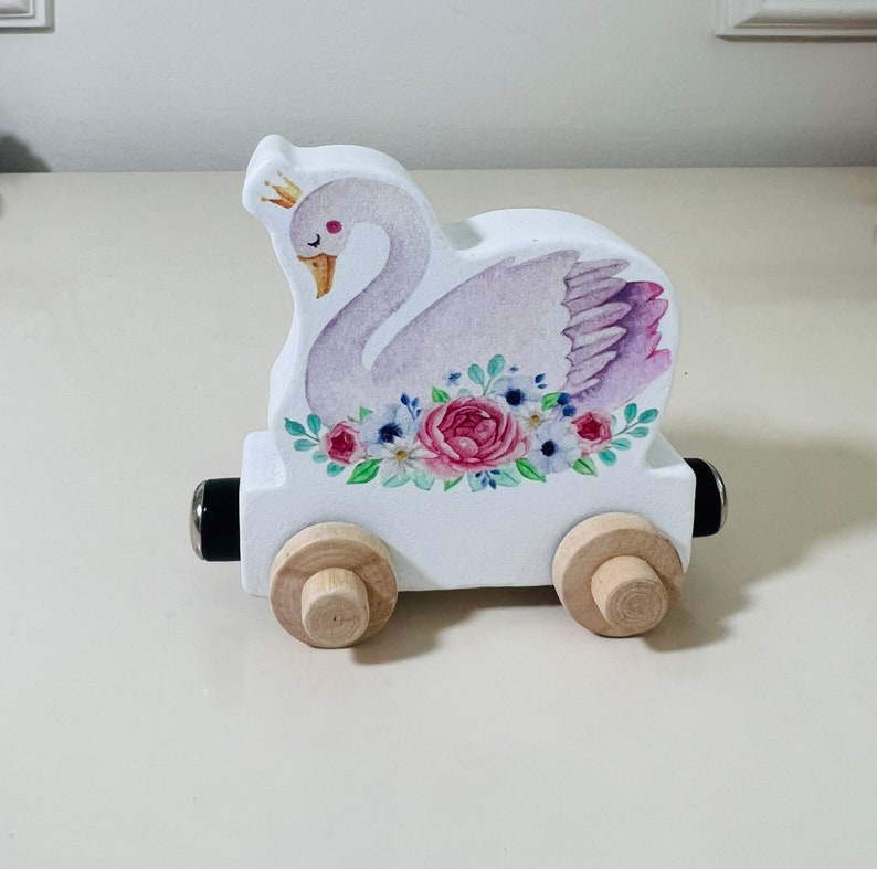 Build your own Train with a Swan in flowers. Personalized Wooden Magnetic Alphabet Letters. Kids educational Toy. Name puzzle.