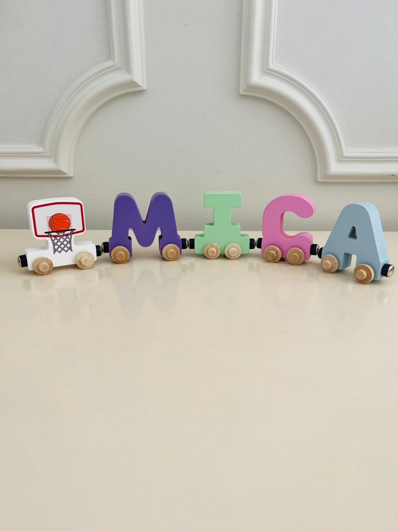 Build your own Train with a Basketball and Hoop. Personalized Wooden Magnetic Alphabet Letters. Kids educational Toy. Name puzzle.