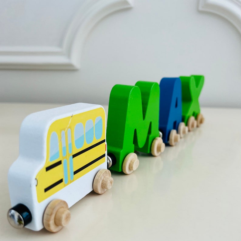 Build your own Train with a School bus. Personalized Wooden Magnetic Alphabet Letters. Kids Educational Toy and Room Decoration.