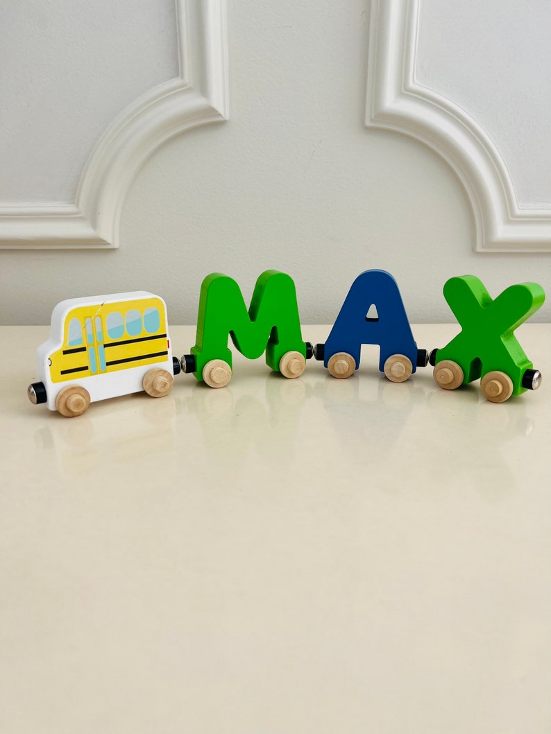 Build your own Train with a School bus. Personalized Wooden Magnetic Alphabet Letters. Kids Educational Toy and Room Decoration.