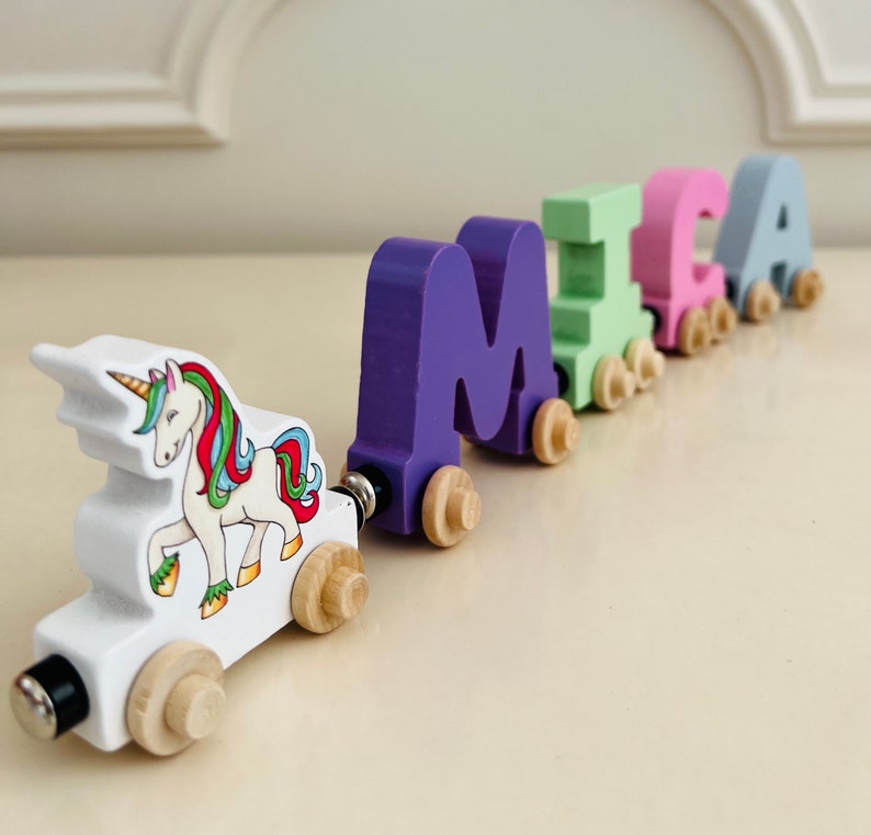 Build your own Train with a Beautiful Unicorn. Personalized Wooden Magnetic Alphabet Letters. Kids Toy and Room Display. Name puzzle.