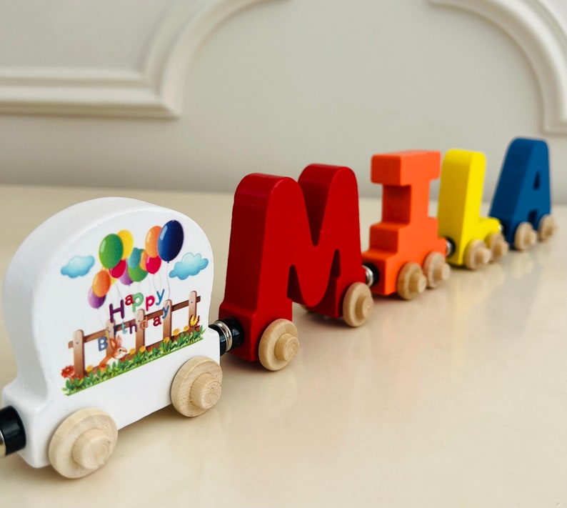 Build your own Train with a Birthday Banner. Personalized Wooden Magnetic Alphabet Letters. Kids Toy and Room Display. Name puzzle.