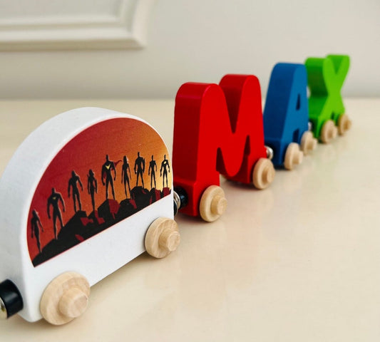 Build your own Train with Superhero’s. Personalized Wooden Magnetic Alphabet Letters. Kids Toy and Room Display. Name puzzle.