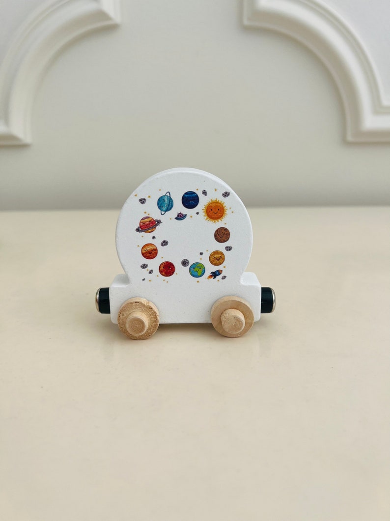 Build your own Train with Planets in Galaxy. Personalized Wooden Magnetic Alphabet Letters. Kids Toy and Room Decoration. Name puzzle.