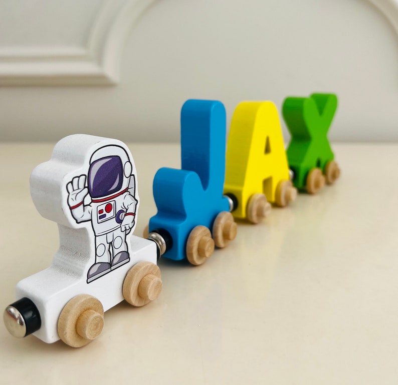 Build your own Train with an Astronaut. Personalized Wooden Magnetic Alphabet Letters. Kids Toy and Room Decoration. Name puzzle.