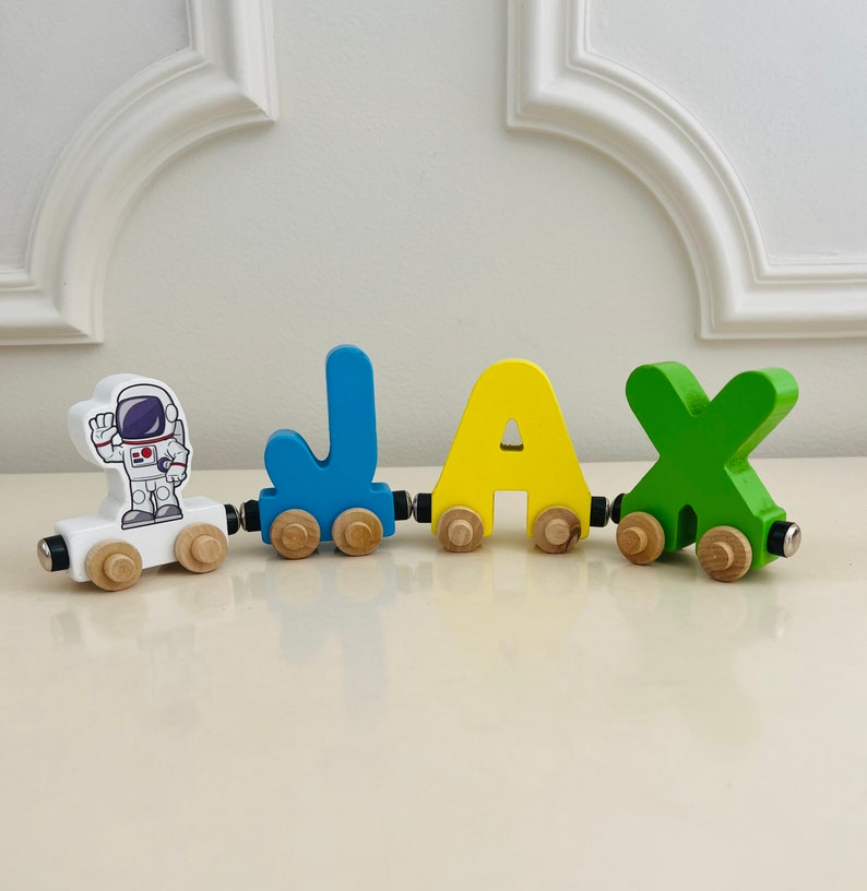 Build your own Train with an Astronaut. Personalized Wooden Magnetic Alphabet Letters. Kids Toy and Room Decoration. Name puzzle.